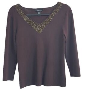 Cable & Gauge Brown Knit Top with Gold Beaded Detail - Size Women’s Medium